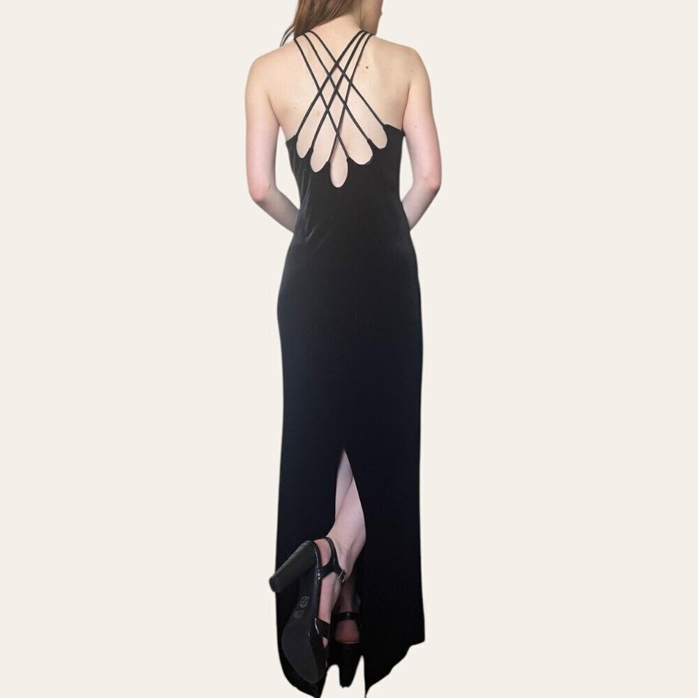 Onyx Nite 90s black velvet x-back diamante high neck formal dress vintage Medium - Picture 5 of 7